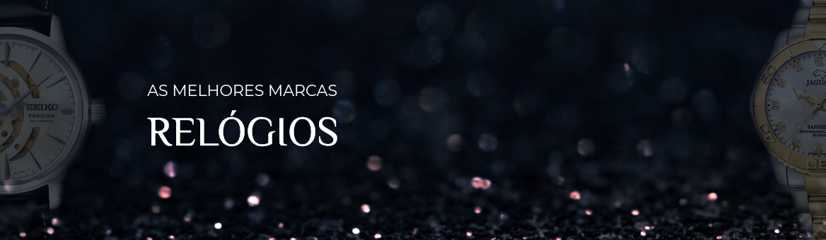 Fundo escuro com brilhos desfocado com dois relógios nas laterais para a categoria de relógios.